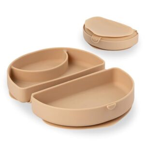 miniware silifold - silicone baby plate - compact & foldable baby travel essential to promote self-feeding - food grade silicone baby plates & toddler plates - bpa free baby essentials (almond butter)
