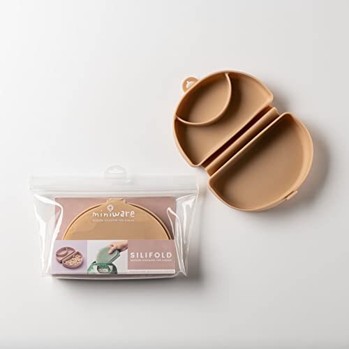 Miniware Silifold - Silicone Baby Plate - Compact & Foldable Baby Travel Essential to Promote Self-Feeding - Food Grade Silicone Baby Plates & Toddler Plates - BPA Free Baby Essentials (Almond Butter)