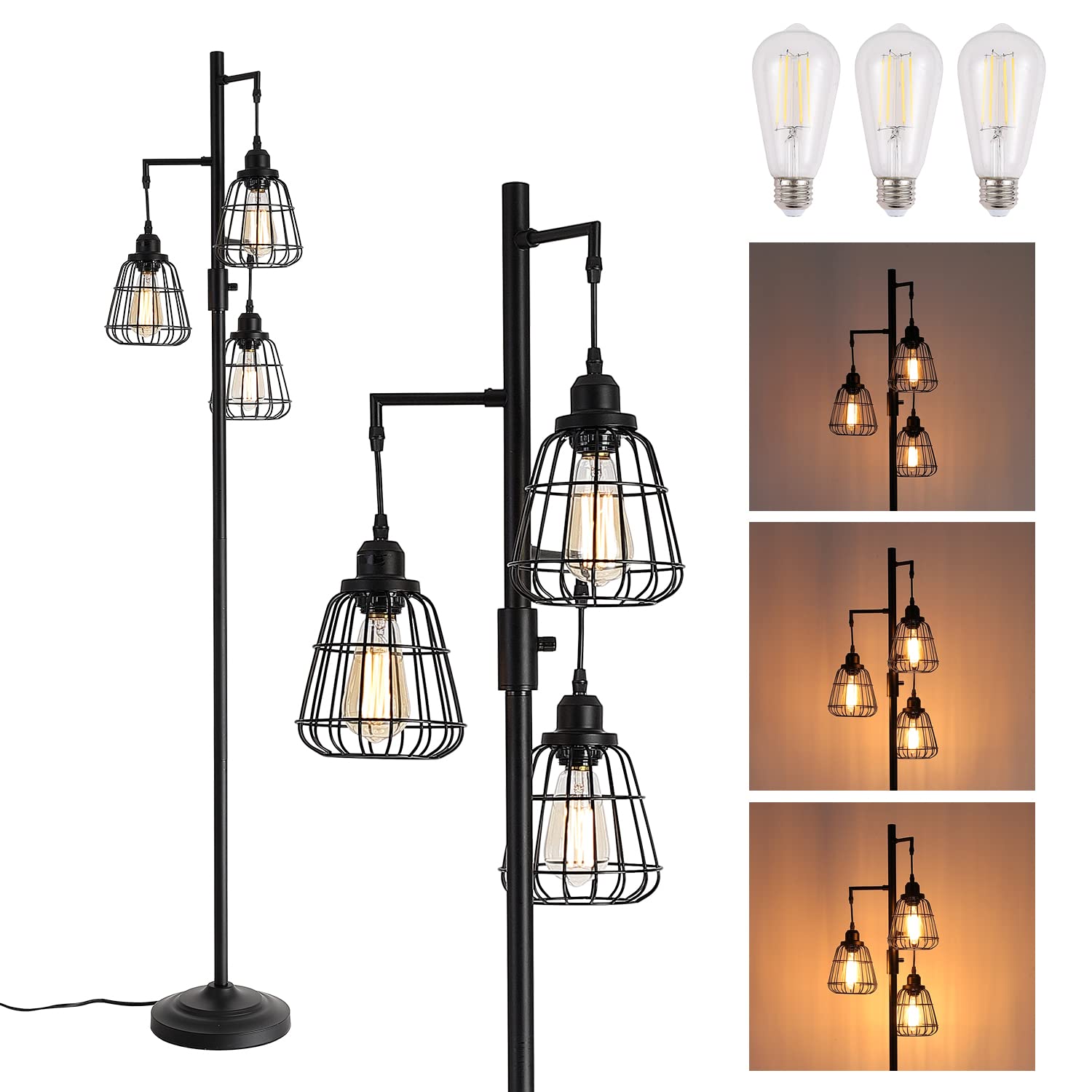 9MMML 68” Living Room Floor Lamp, Industrial Farmhouse 3 Teardrop Cage Standing Lamp,Black Tall Floor Lamp for Bedroom Office, 3 LED Edison Bulbs Included