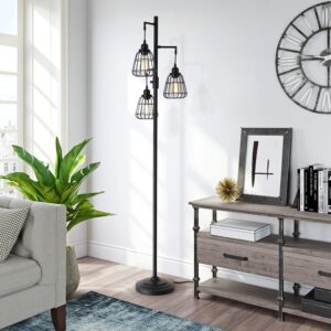 9MMML 68” Living Room Floor Lamp, Industrial Farmhouse 3 Teardrop Cage Standing Lamp,Black Tall Floor Lamp for Bedroom Office, 3 LED Edison Bulbs Included