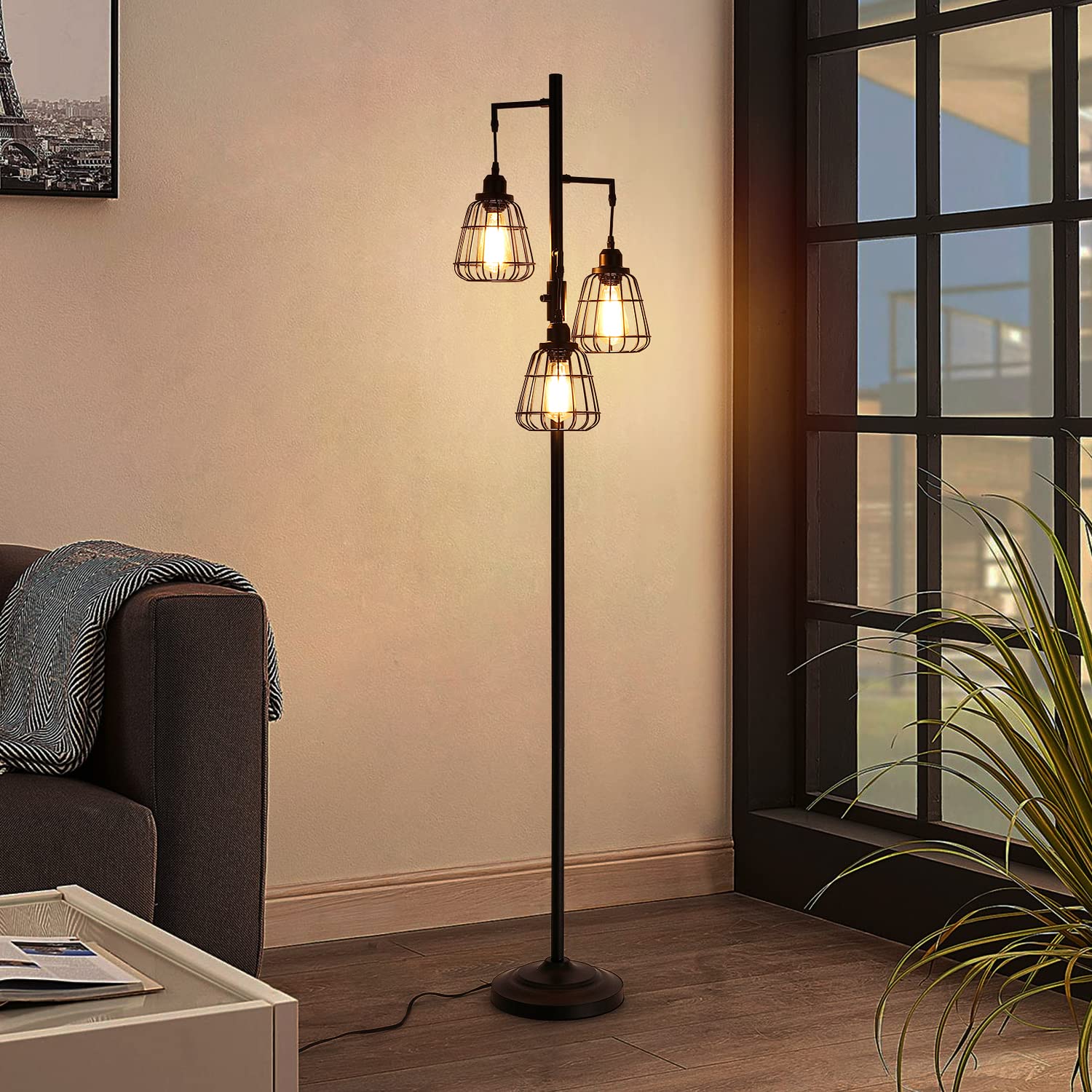 9MMML 68” Living Room Floor Lamp, Industrial Farmhouse 3 Teardrop Cage Standing Lamp,Black Tall Floor Lamp for Bedroom Office, 3 LED Edison Bulbs Included