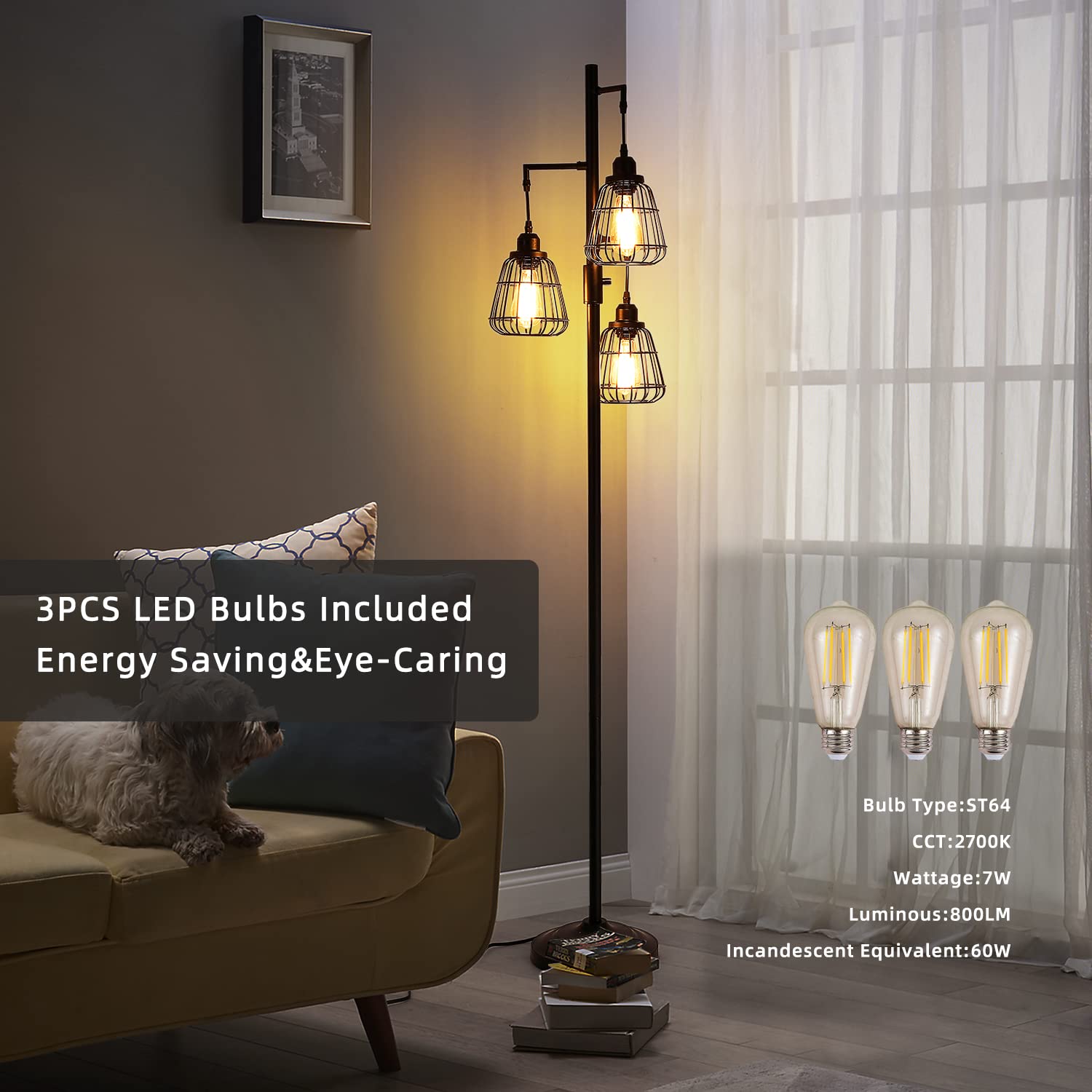 9MMML 68” Living Room Floor Lamp, Industrial Farmhouse 3 Teardrop Cage Standing Lamp,Black Tall Floor Lamp for Bedroom Office, 3 LED Edison Bulbs Included
