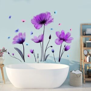 Flowers Wall Sticker Purple Floral Wall Decal Removable Butterfly Wall Stickers Self Adhesive Wall Mural for Nursery Bedroom Kids Room