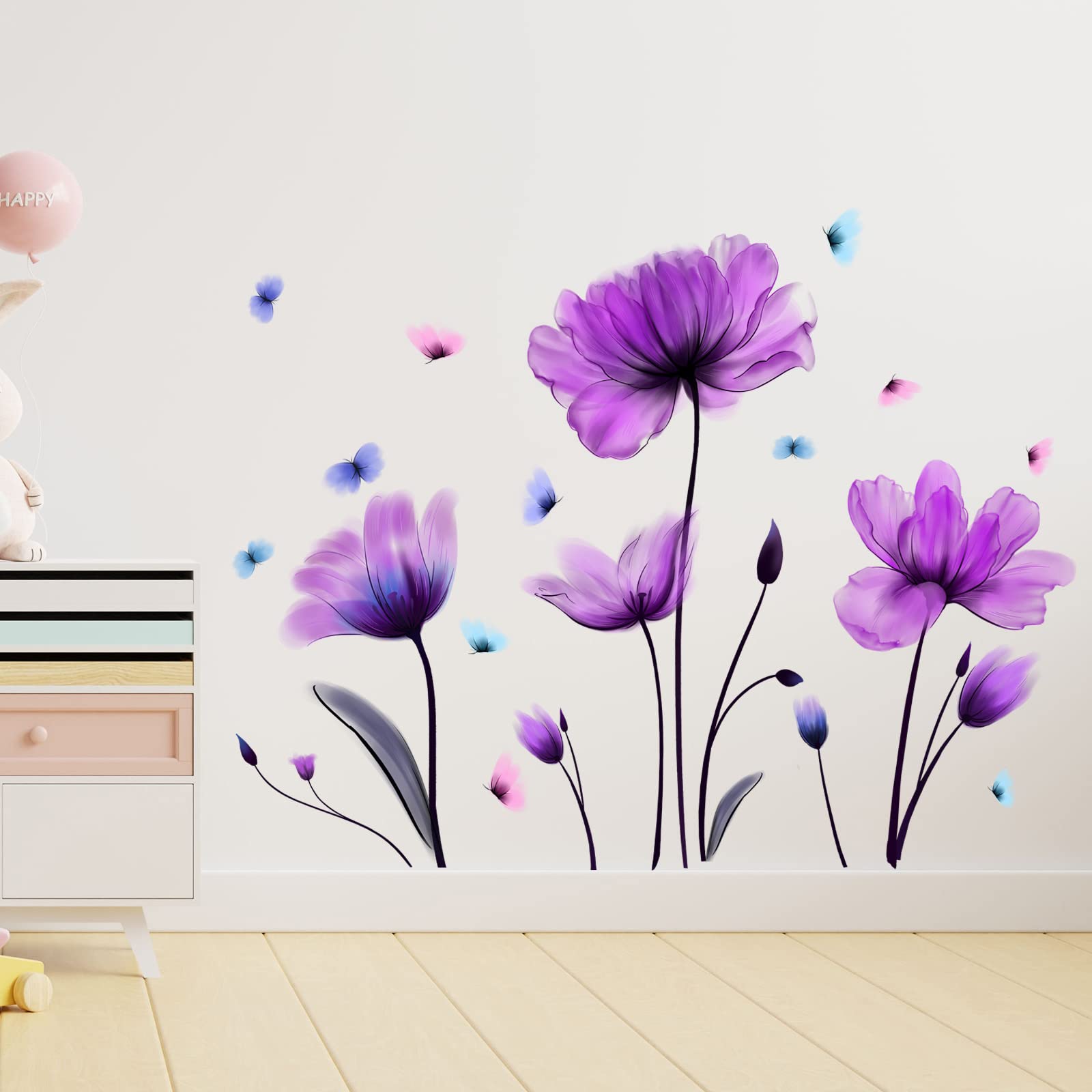 Flowers Wall Sticker Purple Floral Wall Decal Removable Butterfly Wall Stickers Self Adhesive Wall Mural for Nursery Bedroom Kids Room