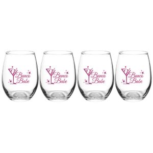 bunco babe plastic wine glasses - set of 4 pieces of average quality plastic. very affordabe bunco gifts. fill with wine or candy. wine glasses hold 12oz and measure "3.75 x 2.75". perfect bunco party