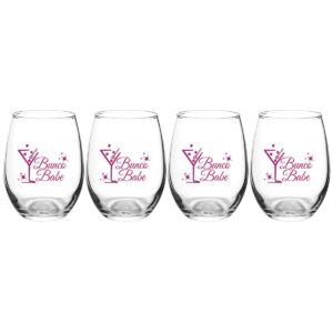 Bunco Babe Plastic Wine Glasses - Set of 4 Pieces of Average Quality Plastic. Very Affordabe Bunco Gifts. Fill with Wine or Candy. Wine Glasses hold 12oz and measure "3.75 x 2.75". Perfect Bunco Party