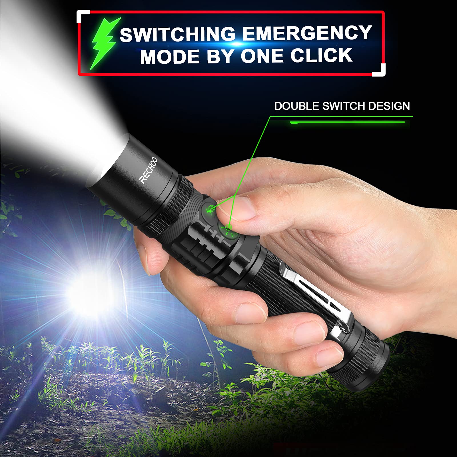 RECHOO Flashlight USB Rechargeable Double Switch S3000L LED Tactical Flashlight High Lumens Super Bright 5 Modes Zoomable Waterproof Flashlight for Camping, Emergency (Battery Included)