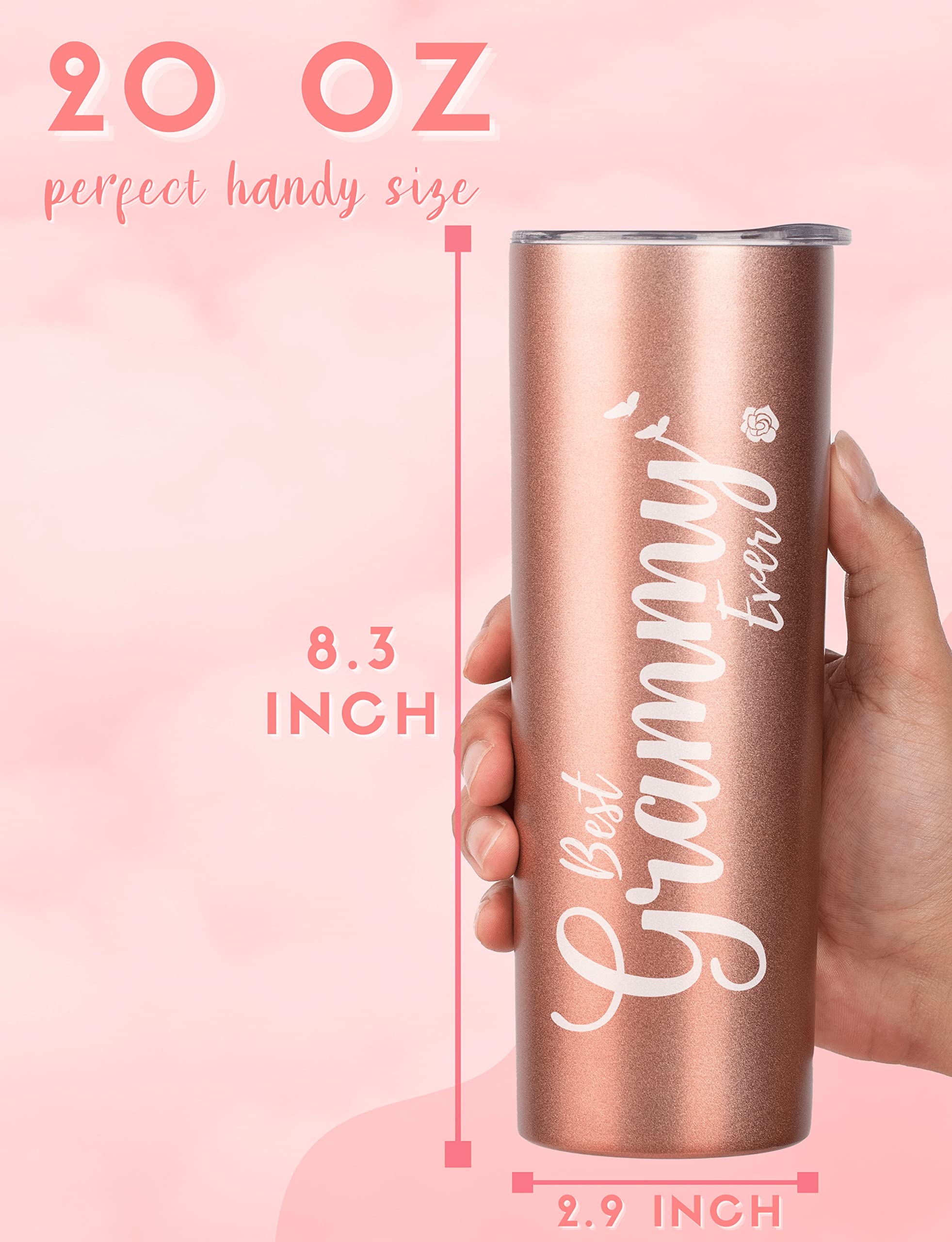 Grammy Gifts from Granddaughter, Grandson, Grandchild, Insulated Stainless Steel Wine Tumbler with Lid and Straw, for Grandma on Mother’s Day, Birthday, Christmas, Best Grammy Ever, Rose Gold, 20 oz