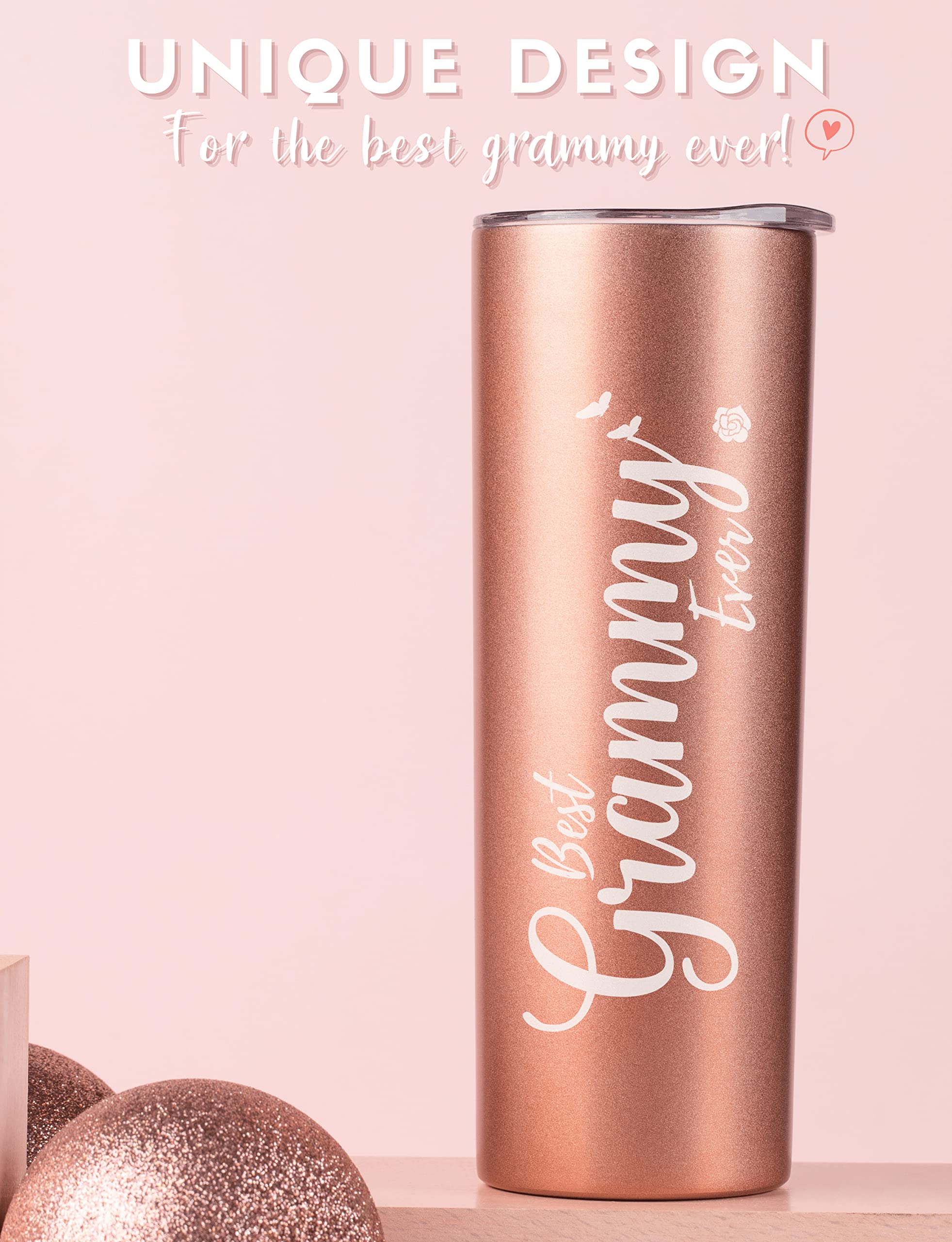 Grammy Gifts from Granddaughter, Grandson, Grandchild, Insulated Stainless Steel Wine Tumbler with Lid and Straw, for Grandma on Mother’s Day, Birthday, Christmas, Best Grammy Ever, Rose Gold, 20 oz