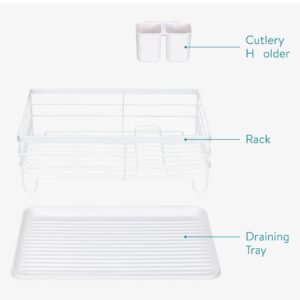 Navaris Dish Drainer Rack - Plate, Cutlery, Pots and Pans Drying Rack for Kitchen - Modern Retro Design Drip Tray with Metal Rack - White