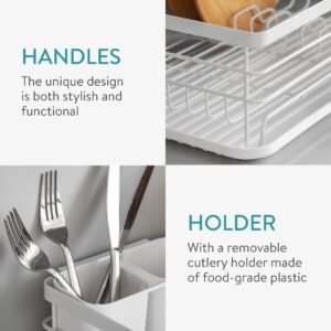 Navaris Dish Drainer Rack - Plate, Cutlery, Pots and Pans Drying Rack for Kitchen - Modern Retro Design Drip Tray with Metal Rack - White