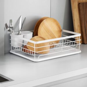Navaris Dish Drainer Rack - Plate, Cutlery, Pots and Pans Drying Rack for Kitchen - Modern Retro Design Drip Tray with Metal Rack - White