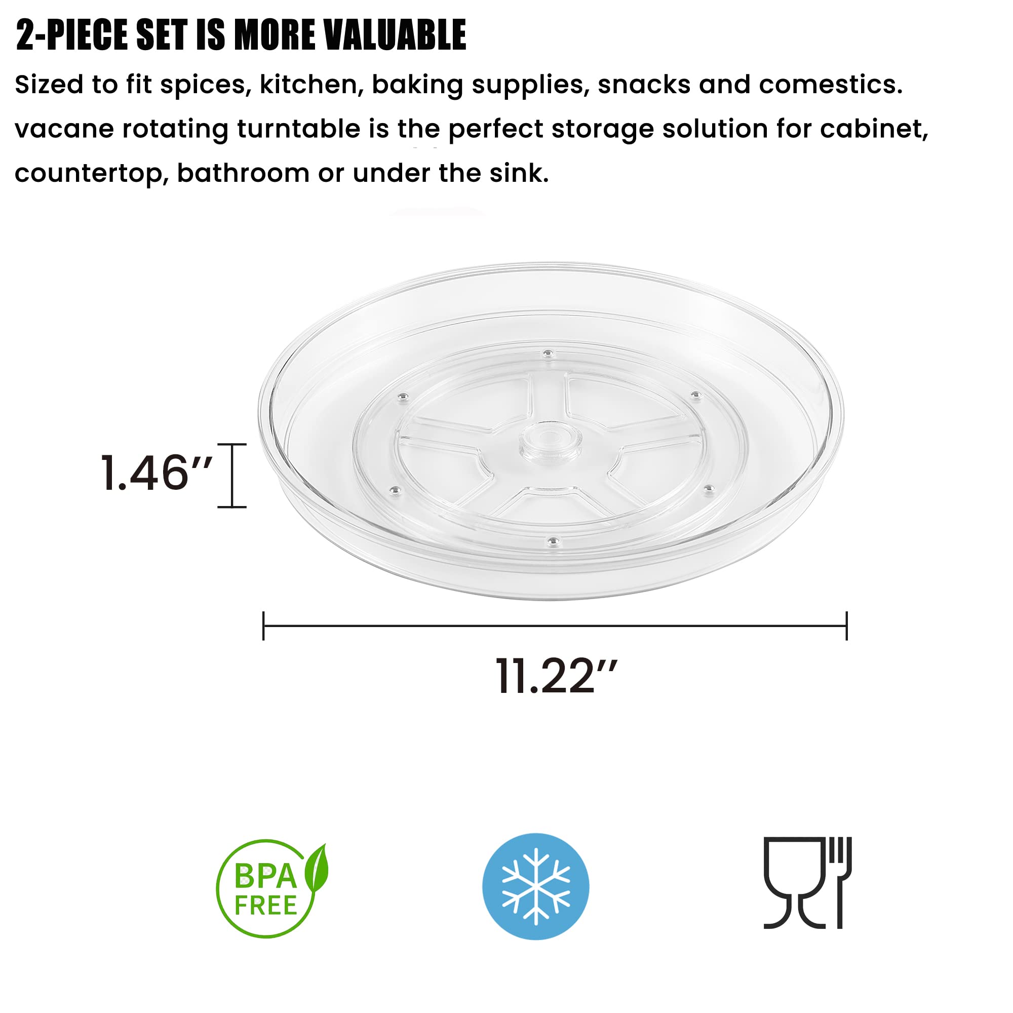 vacane 2 Pack Clear Lazy Susan Organizer Plastic 11" Lazy Susan Turntable for Cabinet Rotating Pantry Lazy Susan Cabinet Organizer, Storage Containers for Kitchen, Refrigerator Countertop, Bathroom