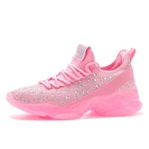 belos women's fashion rhinestone mesh knit slip on sneaker breathable glitter walking shoes(pink,9)