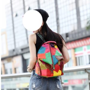 Downupdown Genuine Leather Backpack Contrasting Multicolor Splicing Backpack Fashion Large Capacity Travel Backpack- Multicolor