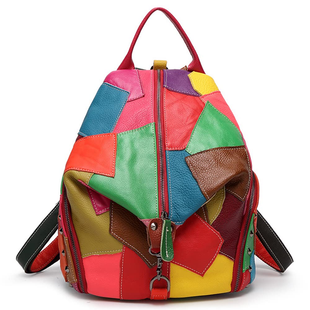 Downupdown Genuine Leather Backpack Contrasting Multicolor Splicing Backpack Fashion Large Capacity Travel Backpack- Multicolor