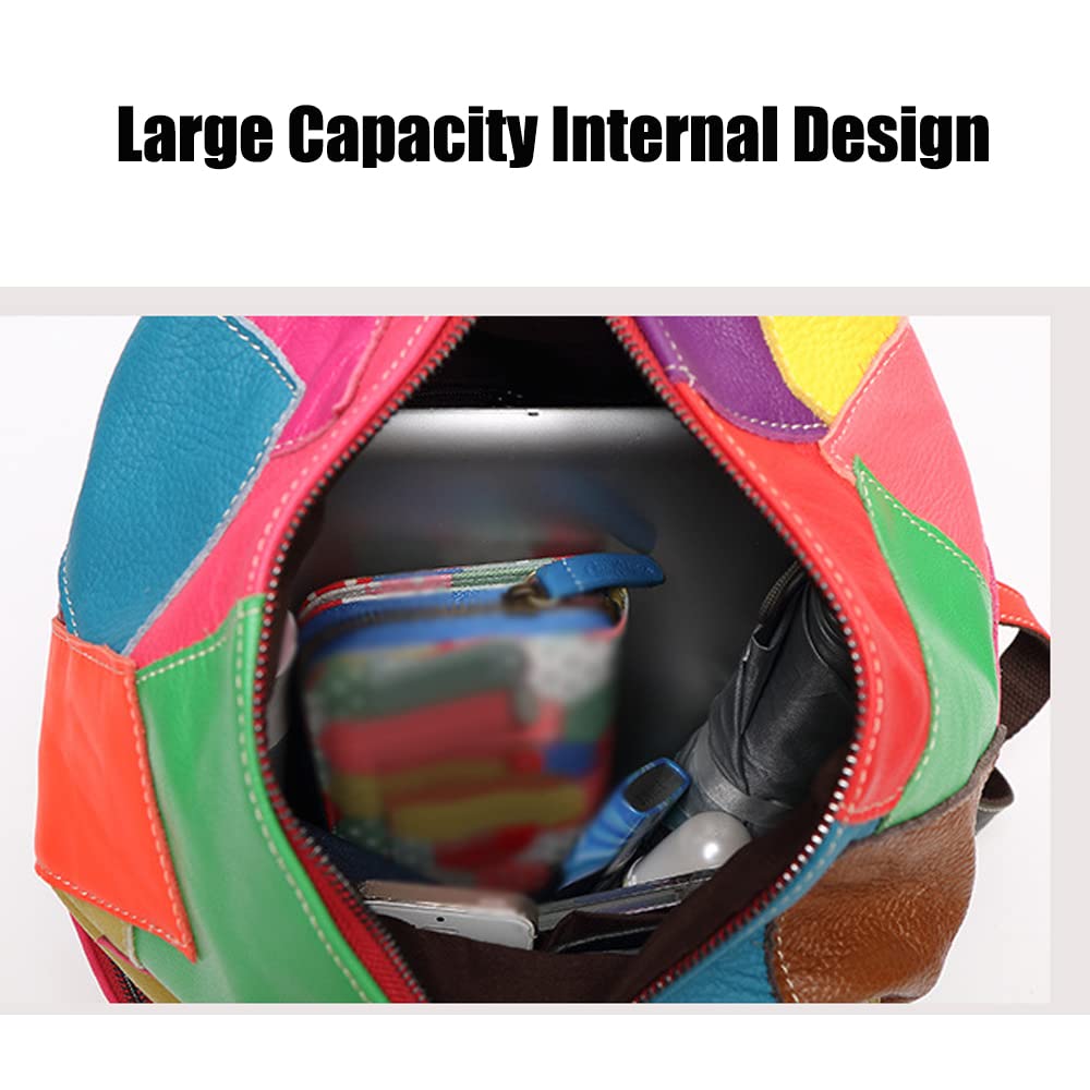 Downupdown Genuine Leather Backpack Contrasting Multicolor Splicing Backpack Fashion Large Capacity Travel Backpack- Multicolor