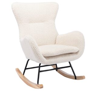 Dolonm Modern Nursery Rocking Chairs Upholstered Rocker Glider for Baby Nursery Teddy Fabric Armchair with High Back and Armrests Accent Chair Single Sofa Chair for Living Room Bedroom Balcony, Beige