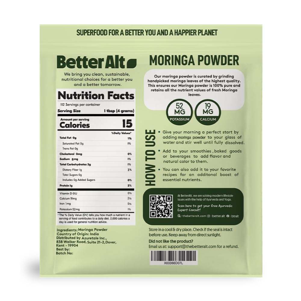 Better Alt Moringa Powder (1lb) | Make Moringa Tea, Smoothies & Recipes from Moringa Oleifera Powder | Resealable Bag | Moringa Leaf Powder Superfood (112 Servings)