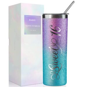 onebttl sweet 16 gifts for girls, her, daughter- sweet sixteen - 20oz/590ml stainless steel insulated glitter tumbler with straw, lid, message card - (purple-blue gradient)