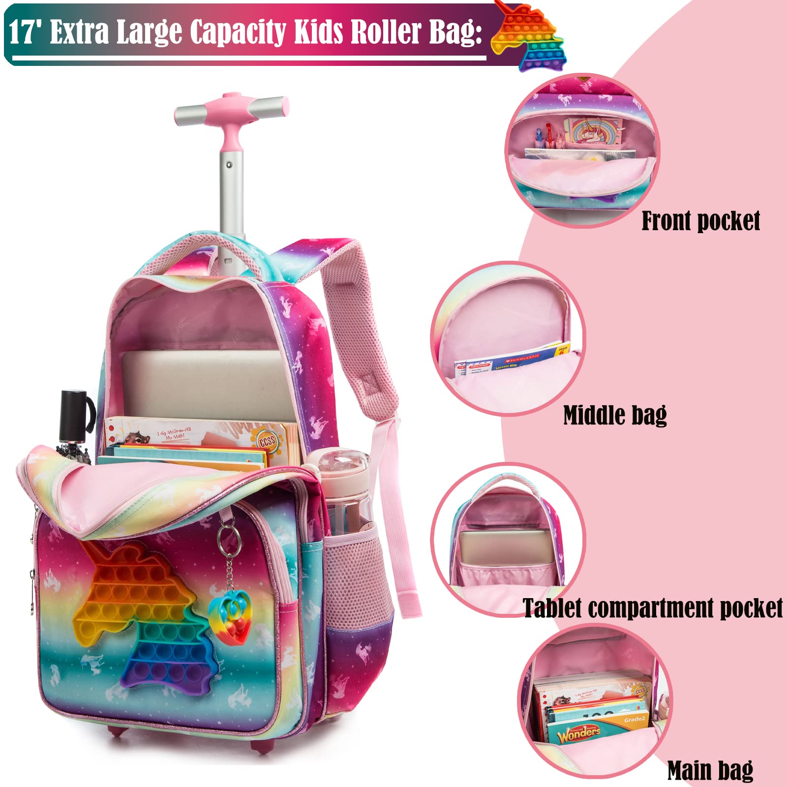 Egchescebo School Bags Kids Rolling Unicorn Backpack for Girls Luggage Suitcase With Wheels Trolley Wheeled Backpacks for Girls Travel Bags 17' 3PCS Toy With Lunch Box Pink