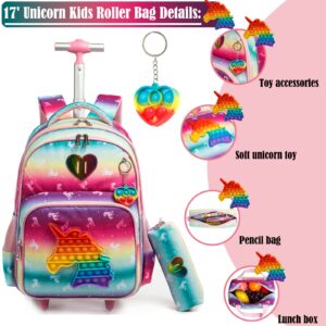 Egchescebo School Bags Kids Rolling Unicorn Backpack for Girls Luggage Suitcase With Wheels Trolley Wheeled Backpacks for Girls Travel Bags 17' 3PCS Toy With Lunch Box Pink