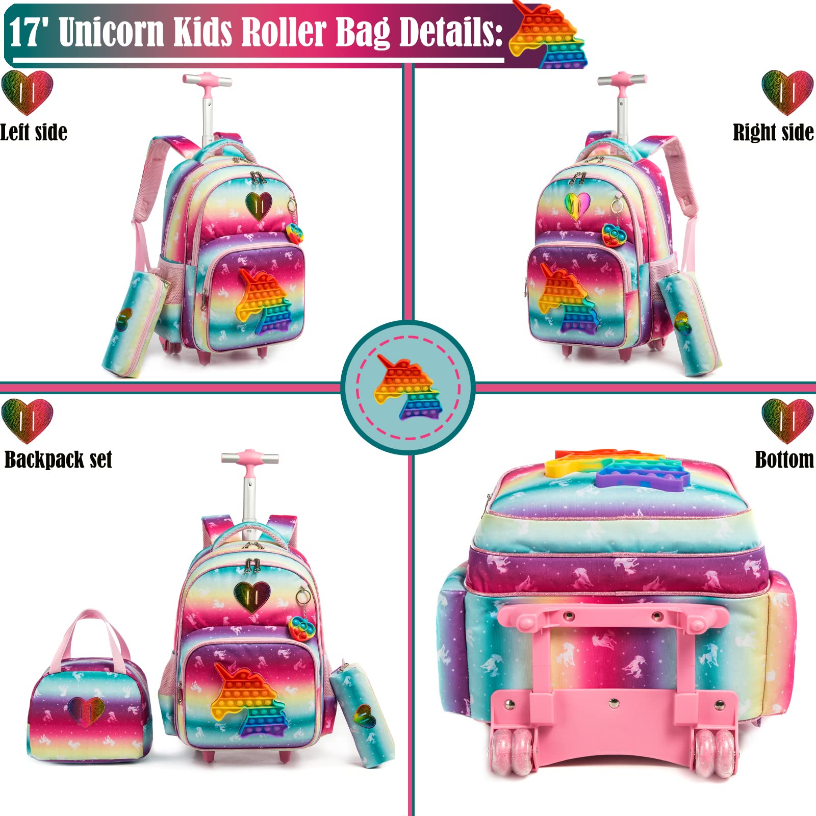 Egchescebo School Bags Kids Rolling Unicorn Backpack for Girls Luggage Suitcase With Wheels Trolley Wheeled Backpacks for Girls Travel Bags 17' 3PCS Toy With Lunch Box Pink