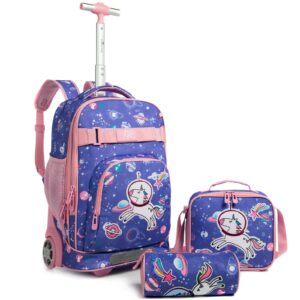 egchescebo kids rolling unicorn school backpack for girls luggage suitcase with wheels trolley wheeled backpacks travel bags 18' 3pcs girls unicorn with lunch box purple