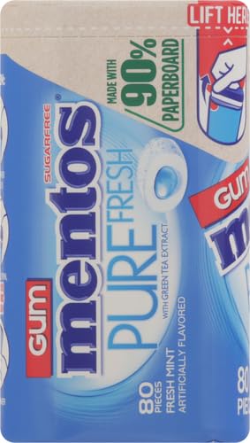 Mentos Pure Fresh Sugar-Free Chewing Gum with Xylitol, Fresh Mint, in a recyclable 90% Paperboard Bottle, 80 Piece (Pack of 1)