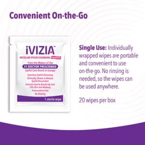 iVIZIA Eyelid Cleansing Wipes for Sensitive Eyelid Cleansing, Preservative-Free, Micellar, No Rinse, Gentle Eye Makeup Remover, 20 Sterile Single-Use Wipes for Eyelids