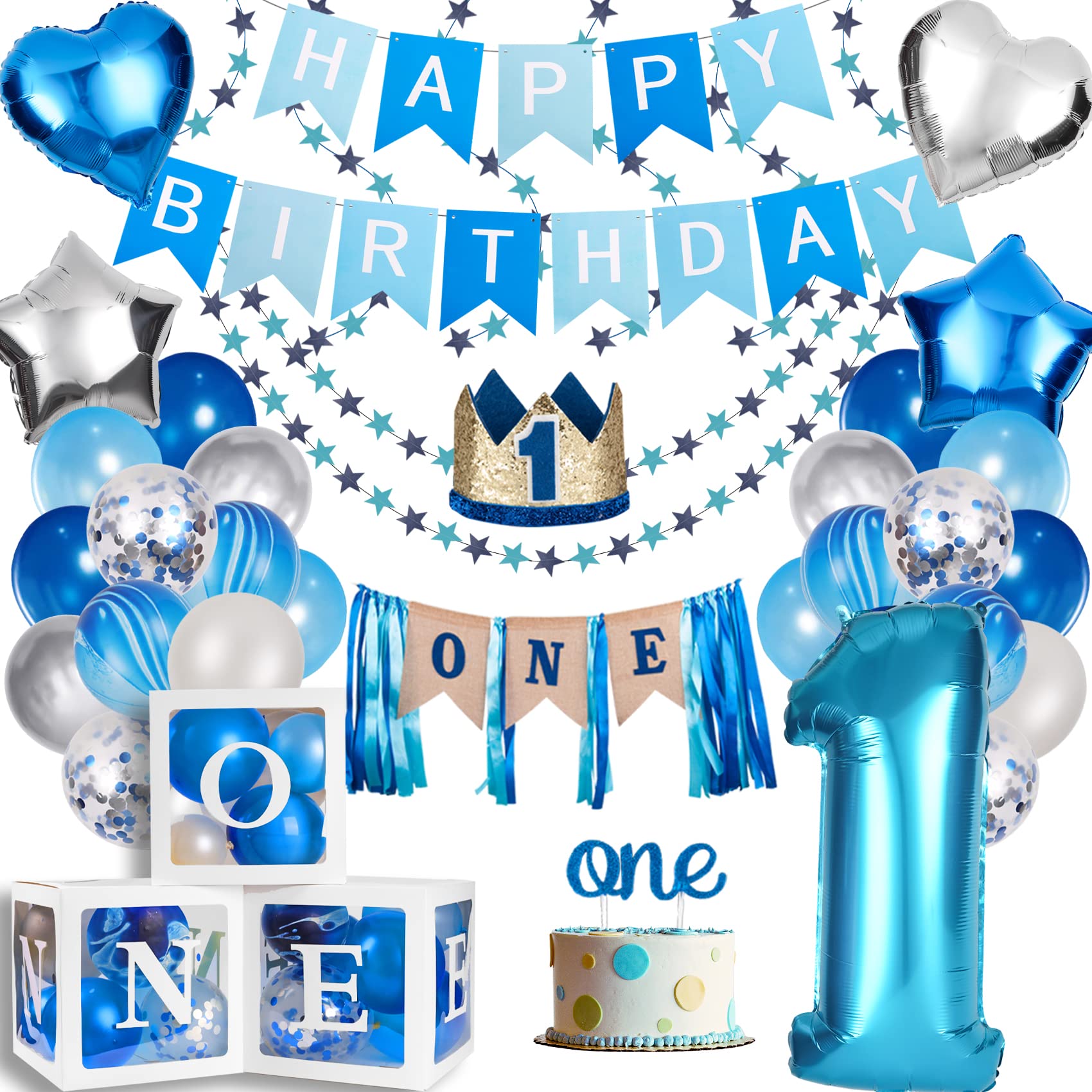 JOYYPOP 1st Birthday Decorations for Boys 78Pcs with First Birthday Balloon Boxes, First Birthday Decorations with Crown, Happy Birthday Banner, Highchair Banner for Baby 1st Birthday Party