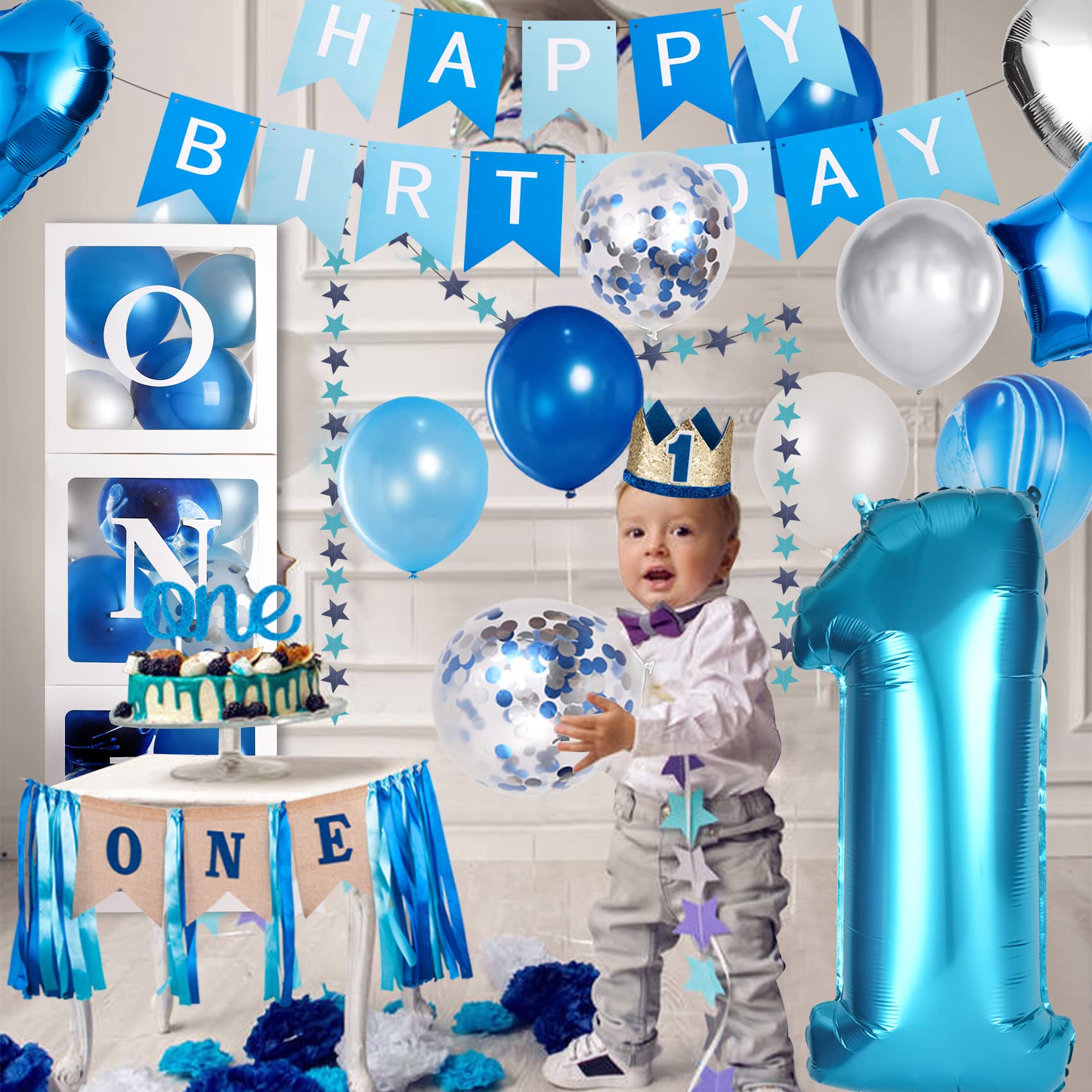 JOYYPOP 1st Birthday Decorations for Boys 78Pcs with First Birthday Balloon Boxes, First Birthday Decorations with Crown, Happy Birthday Banner, Highchair Banner for Baby 1st Birthday Party