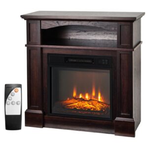 costway 32-inch electric fireplace with mantel, 1400w adjustable freestanding heater with remote control, thermostat design, 6h timer, 3d flame brightness, mantel fireplace for living room, brown