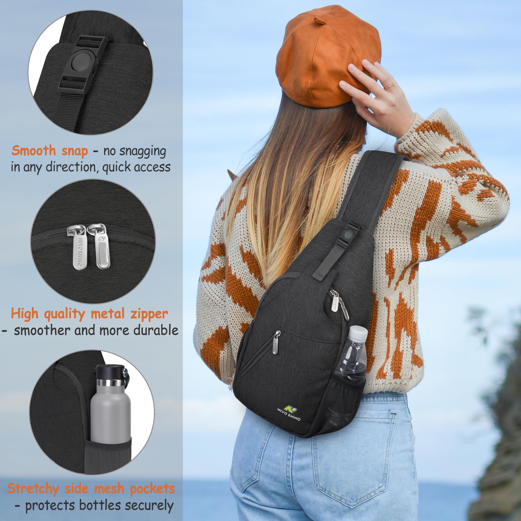 N NEVO RHINO Crossbody Sling Backpack Cross Body Bags for Women Small Sling Chest Bag Shoulder Backpack Travel Hiking Daypack