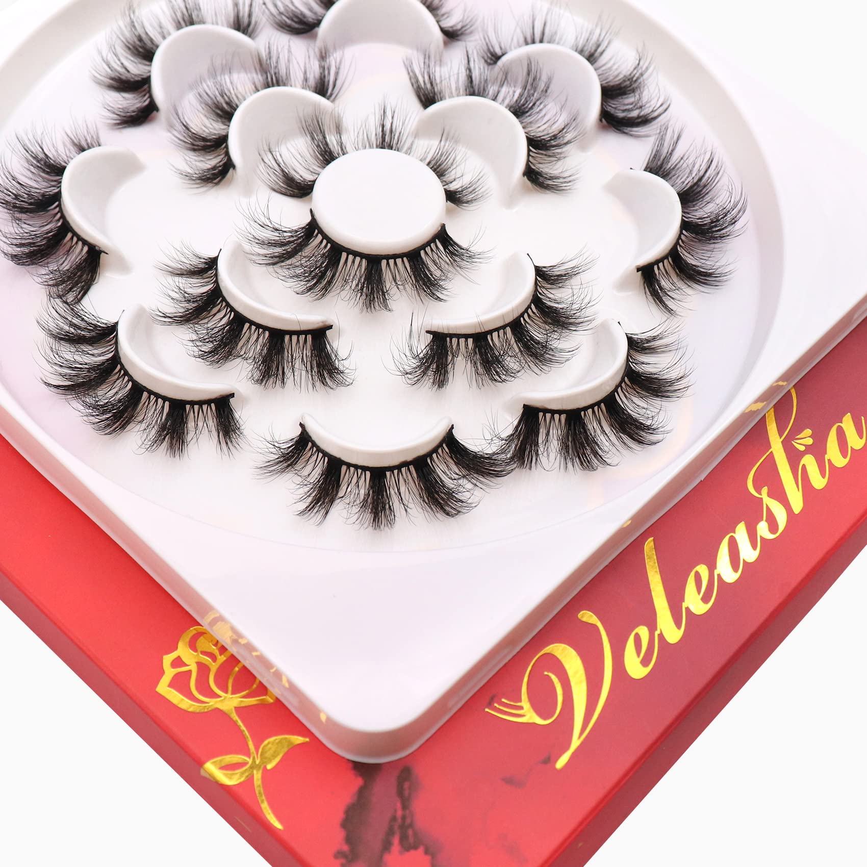 Veleasha 5D Faux Mink Lashes Handmade Luxurious Volume Fluffy Natural False Eyelashes 7 Pairs (Sugar)