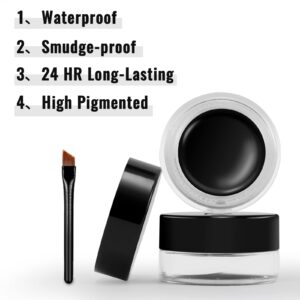 Erinde Black Gel Eyeliner, Waterproof Long Lasting Cream Eyeliner Gel, High-Intensity Pigments Smudge-Proof Eye Liner Eyebrow Makeup, Water-Resistant Eyeliner with 2PCS Brushes, 02# Balck