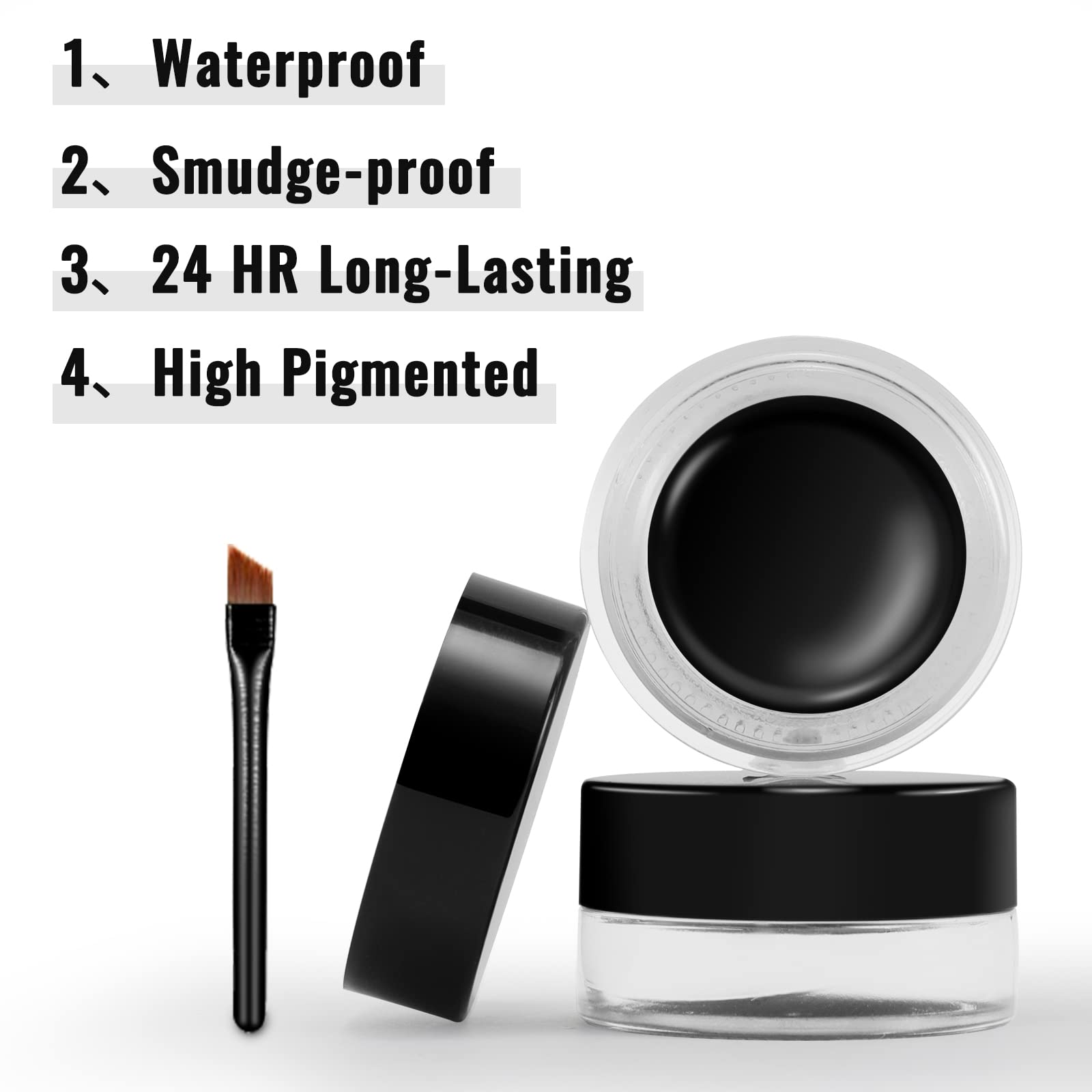 Erinde Black Gel Eyeliner, Waterproof Long Lasting Cream Eyeliner Gel, High-Intensity Pigments Smudge-Proof Eye Liner Eyebrow Makeup, Water-Resistant Eyeliner with 2PCS Brushes, 02# Balck