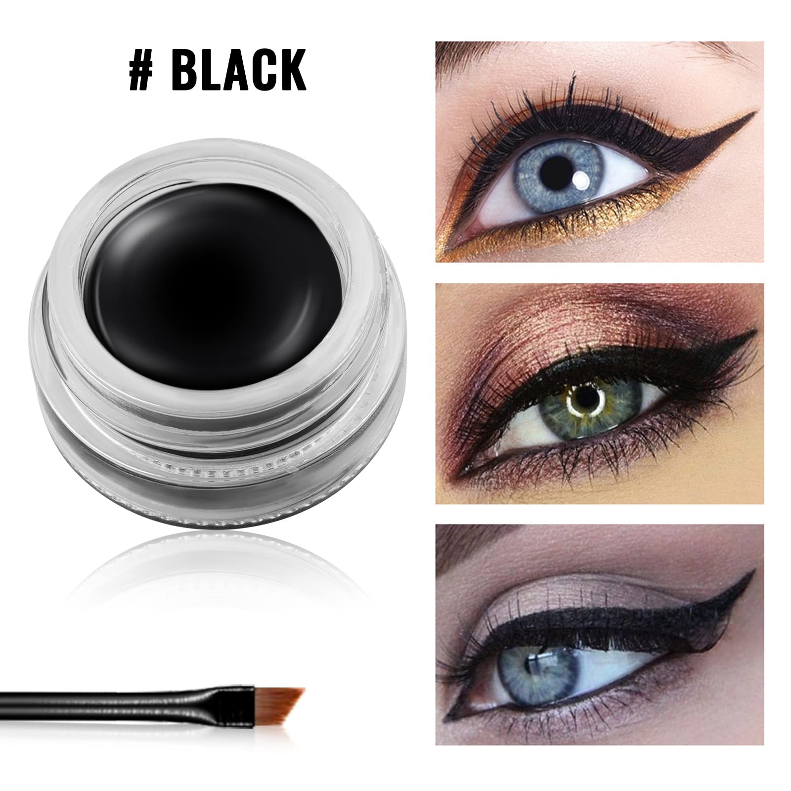 Erinde Black Gel Eyeliner, Waterproof Long Lasting Cream Eyeliner Gel, High-Intensity Pigments Smudge-Proof Eye Liner Eyebrow Makeup, Water-Resistant Eyeliner with 2PCS Brushes, 02# Balck