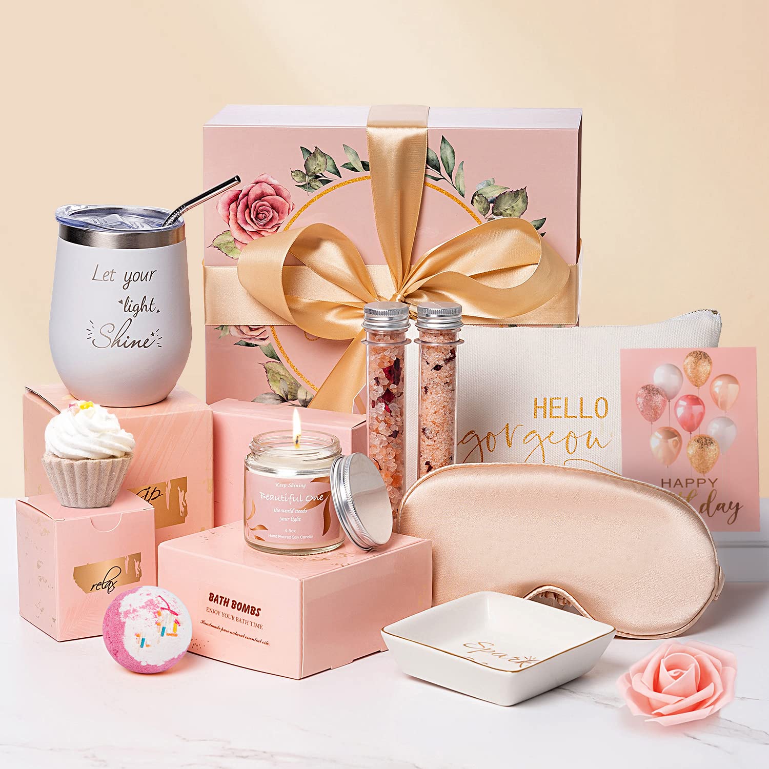 Happy Birthday Gifts for Women Spa Set Gift Basket for Best Friends Mom Unique Birthday Box Gifts for Sister Girlfriend Teacher Female Her Bday Wine Tumbler for Woman Who Has Everything