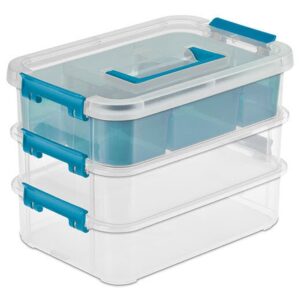 sterilite stack and carry 3 layer handle box and tray, plastic small storage container with latch lid, organize crafts, clear with blue tray, 12-pack