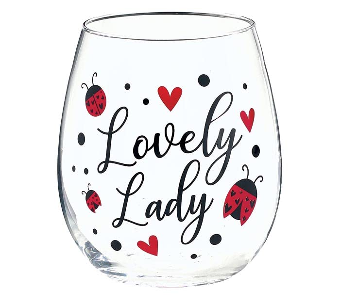 Ladybug Lovely Lady Stemless Wine glass with a Clear Gift Box 16oz