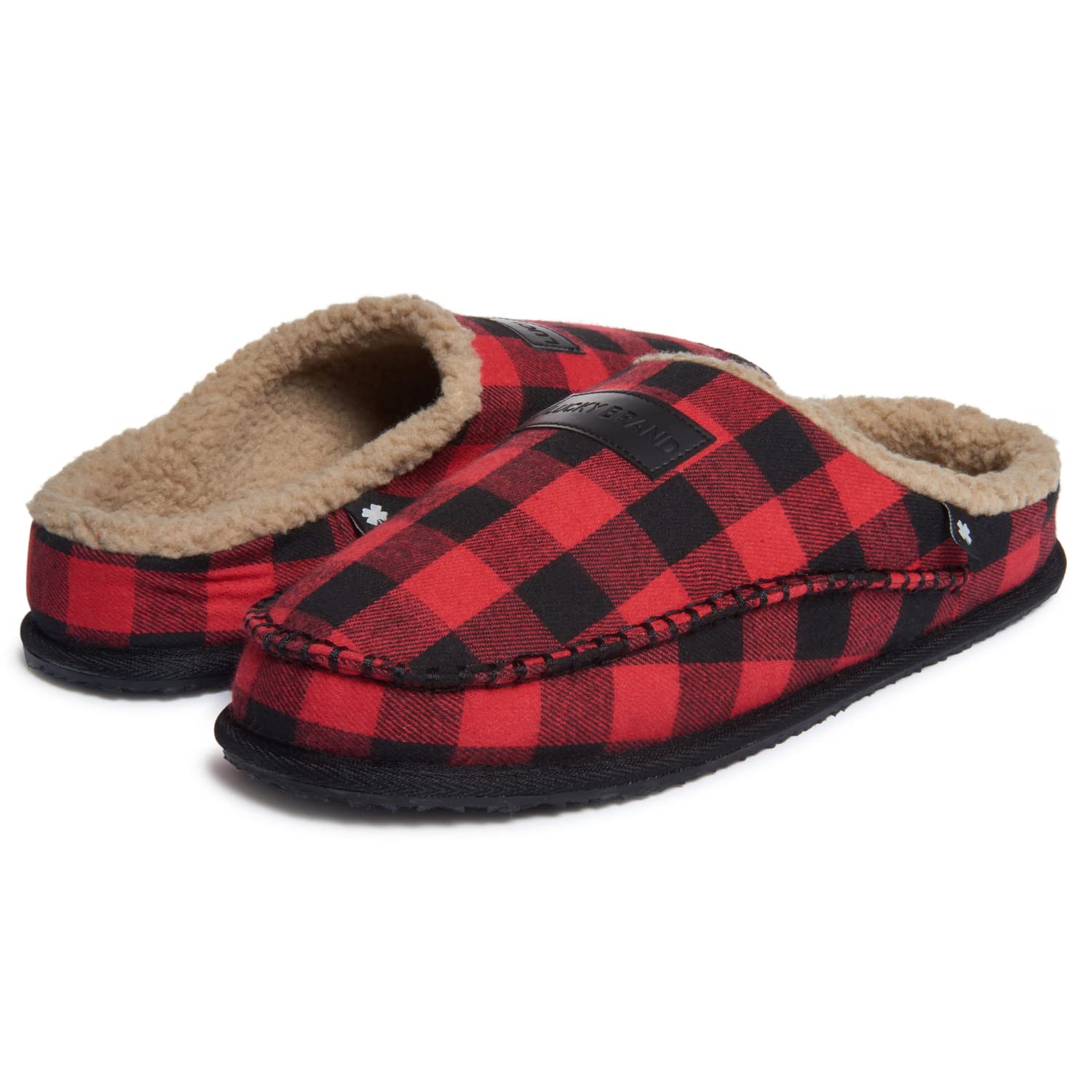 Lucky Brand Men's Plaid Memory Foam Slip On Clog Slippers, Indoor Outdoor Mens House Shoes, Warm Bedroom Clogs Slipper for Men, Red, Large