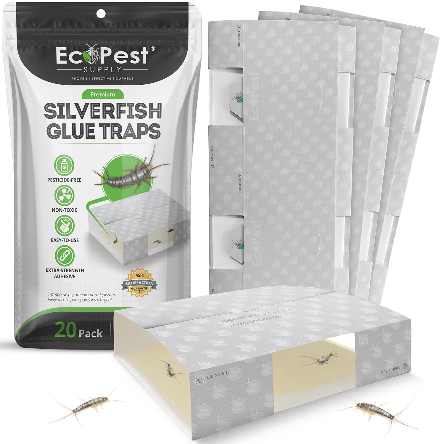 Silverfish Trap — 20 Pack | Sticky Indoor Glue Trap for Silverfish, Firebrat, and Other Bugs and Crawling Insects | Adhesive Silverfish Killer Paks, Monitor, and Detector with Natural Bait Attractant