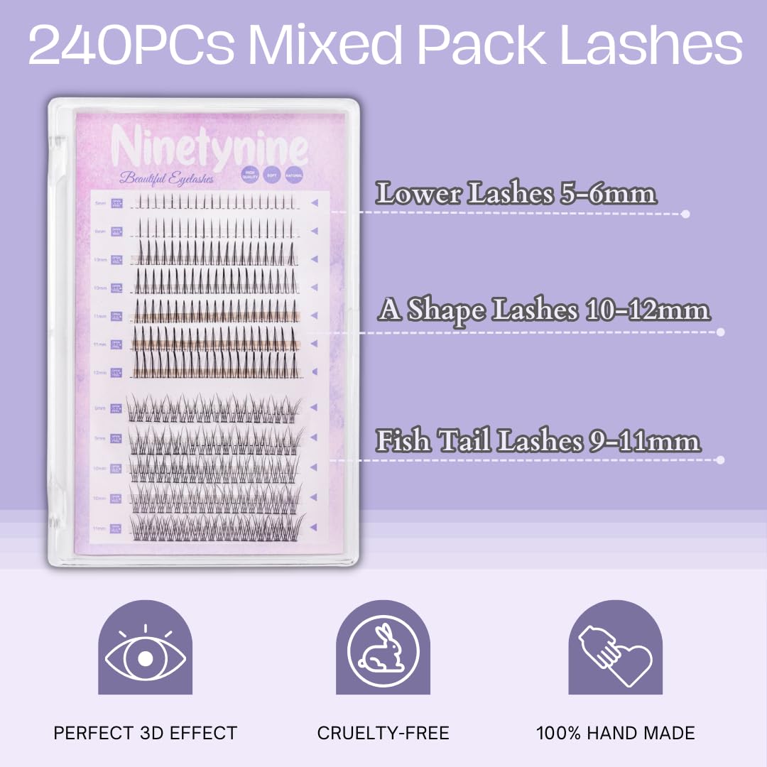 Ninetynine 240pcs Mixed Pack C Curl False Eyelash Extension Individual Lashes Lower Bottom Lash (5-6mm) Fairy Style A Shape (10-12mm) Fish Tail (9-11mm) Natural Clusters, 240 Count (Pack of 1)