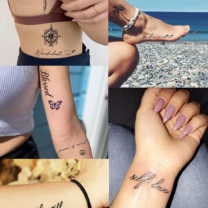 IMPRESSED Realistic Temporary Tattoos – 42 Custom Sheets Tiny Fake Self Care Tattoo – Inspirational Minimalist Affirmation Words and Motivational Quote Permanent Tats for Adult Teens Women Face Body