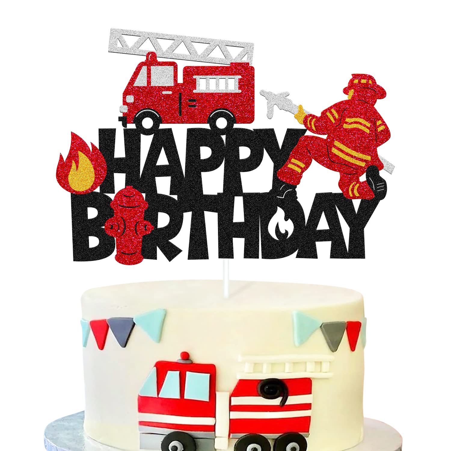 Fireman Cake Topper Fire Hydrant Truck Firefighter Helmet Alarm Engine Themed for Kids Boy Girl Happy Birthday Party Cake Decoration