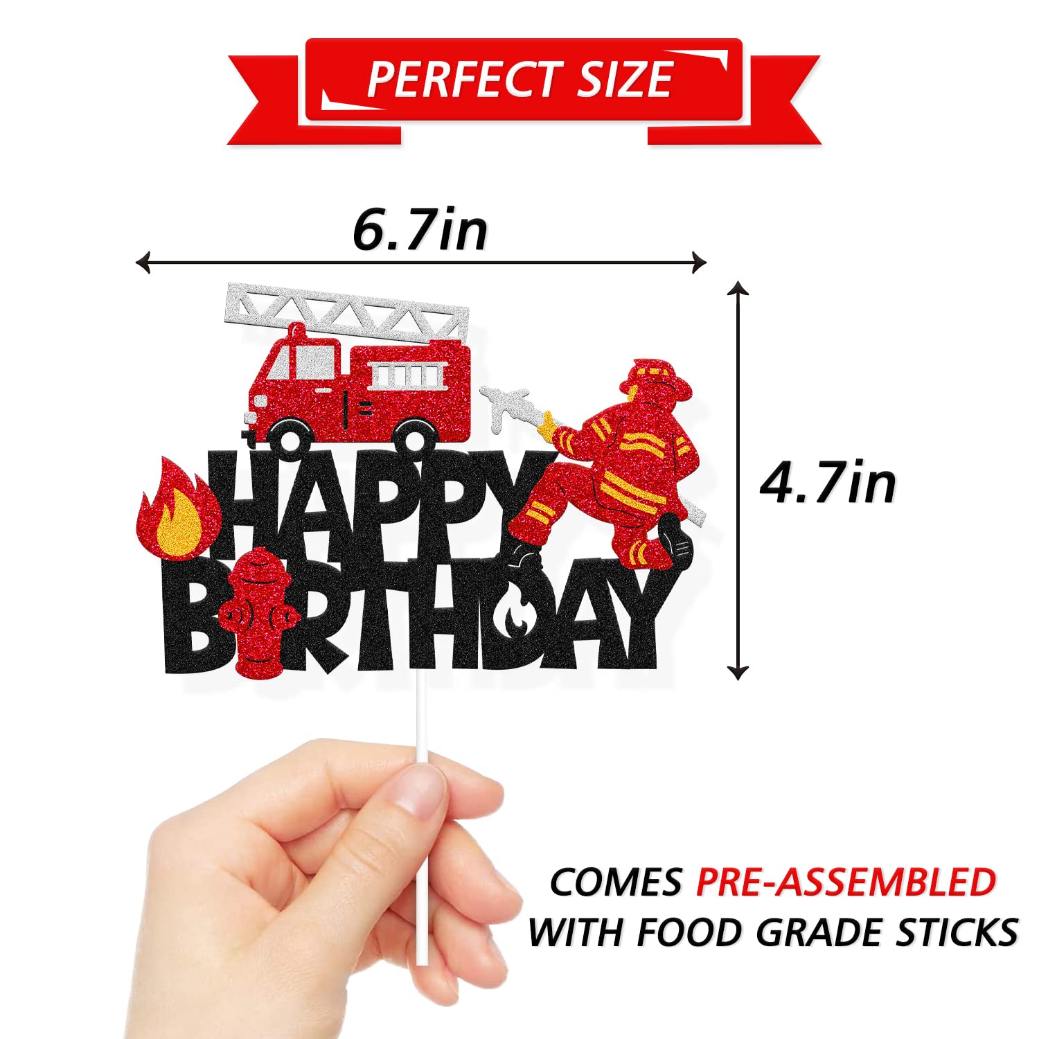 Fireman Cake Topper Fire Hydrant Truck Firefighter Helmet Alarm Engine Themed for Kids Boy Girl Happy Birthday Party Cake Decoration