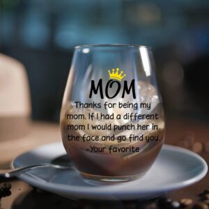 DYJYBMY Thanks For Being My Mom Wine Glass, Pregnancy Announcement gift for Women Mom, Unique Xmas Gift Idea for Her from Son, Daughter, Kids, Funny Mothers Day Gifts for Mom, New Mom, Wife