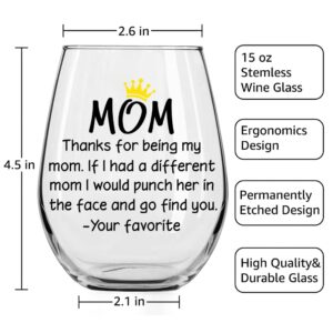 DYJYBMY Thanks For Being My Mom Wine Glass, Pregnancy Announcement gift for Women Mom, Unique Xmas Gift Idea for Her from Son, Daughter, Kids, Funny Mothers Day Gifts for Mom, New Mom, Wife