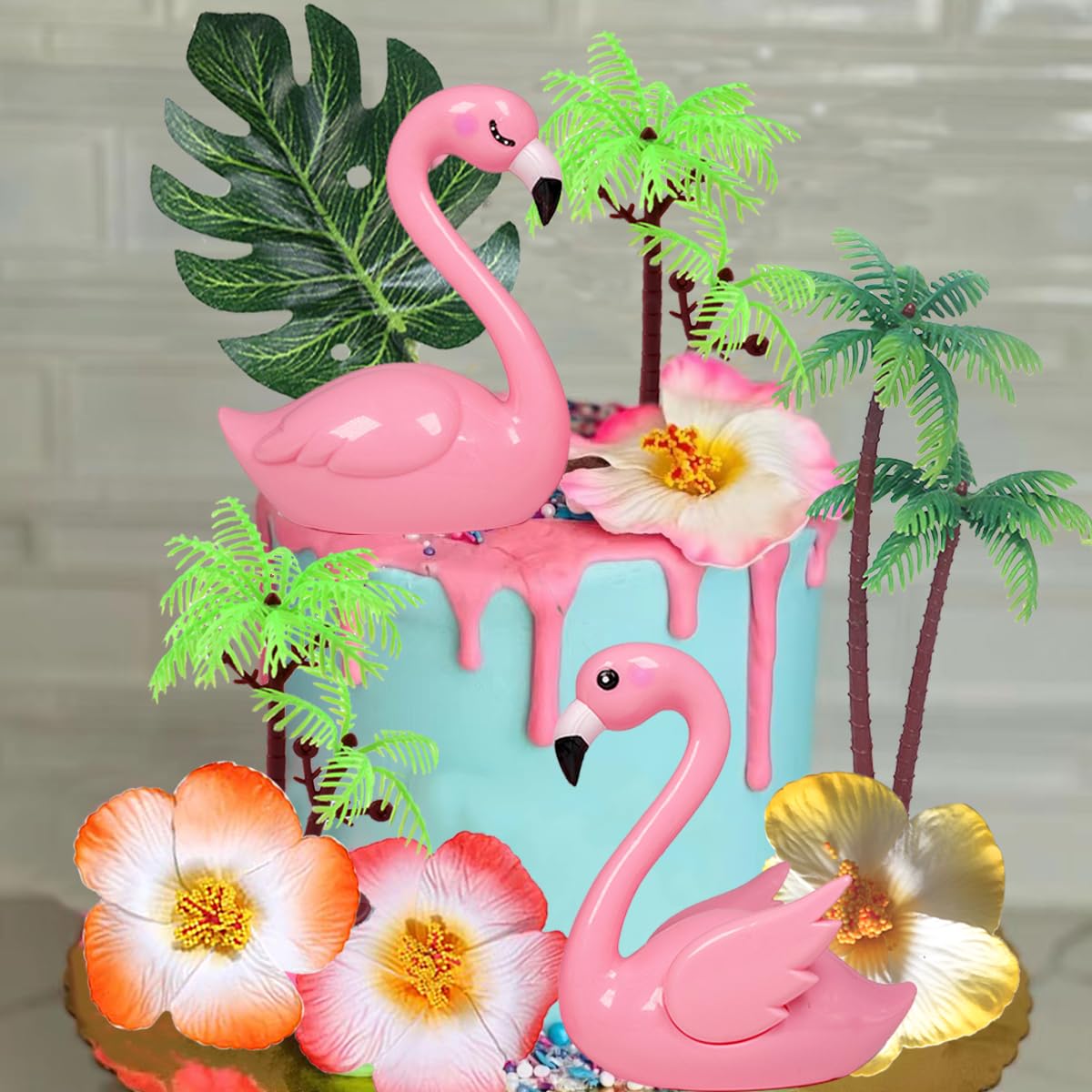 Flamingo Cake Toppers Artificial Flower Palm Leaves Cake Decoration for Birthday Summer Tropical Hawaiian Themed Party Supplies (Two Flamingo)